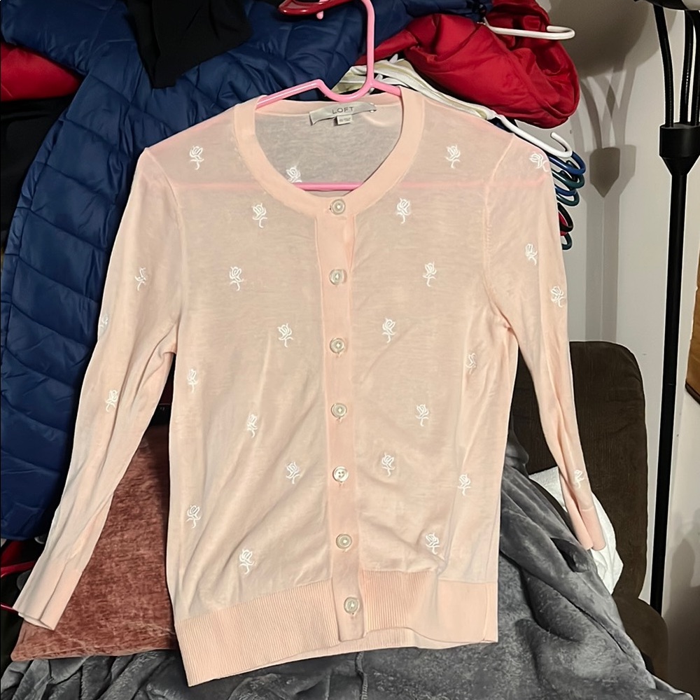 LOFT Blush Pink Embroidered Rose Cardigan Sweater – XS